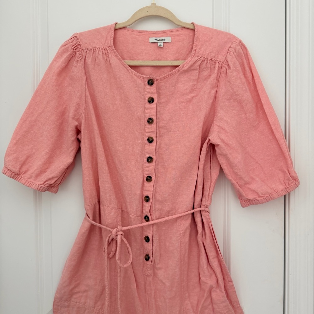 Madewell Linen Blend Puff Sleeve Jumpsuit Pink Button Front Tassel Tie XL - Picture 3 of 8